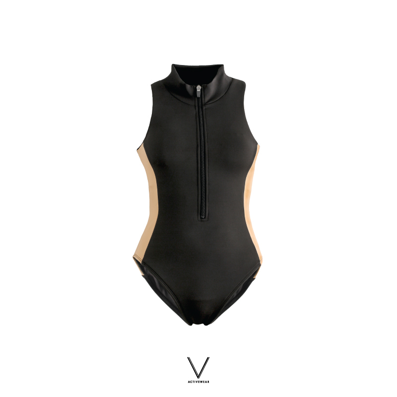 SS2023 BLACK & NUDE SWIMMING SUIT ชุดว่ายน้ำ สีดำแถบสีเนื้อ ผ้าหนา มีฟองน้ำในตัว กัน UV UPF 50+