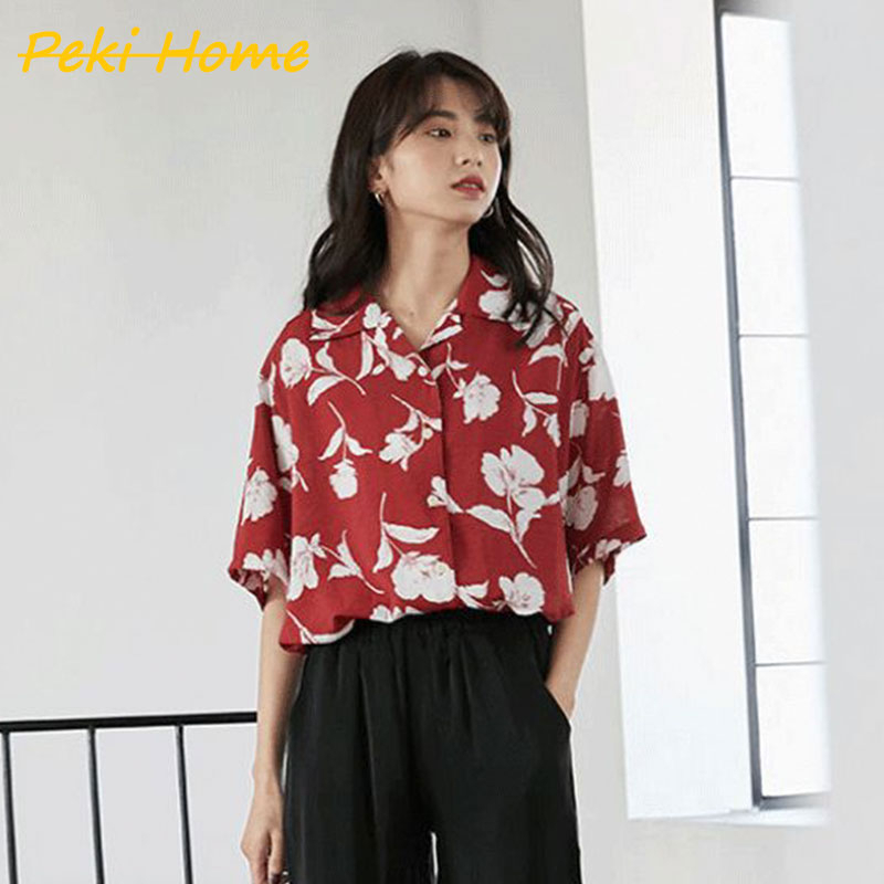 พร้อมส่ง เสื้อเชิ้ตคอปกสีแดง แฟชั่นฤดูใบไม้ผลิ สไตล์ฝรั่งเศส สําหรับผู้หญิง เสื้อแขนสั้น ทรงหลวม  เสื้อ สงกรานต์ ผู้หญิง