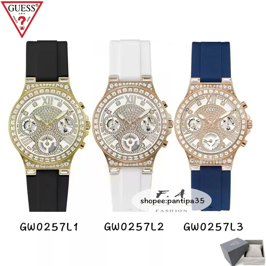 F.A ของแท้100% Guess นาฬิกาข้อมือผู้หญิง moonlight ตัวเรือนสแตนเลส หน้าปัดสีขาว ด้วยโครโนกราฟ GW0257