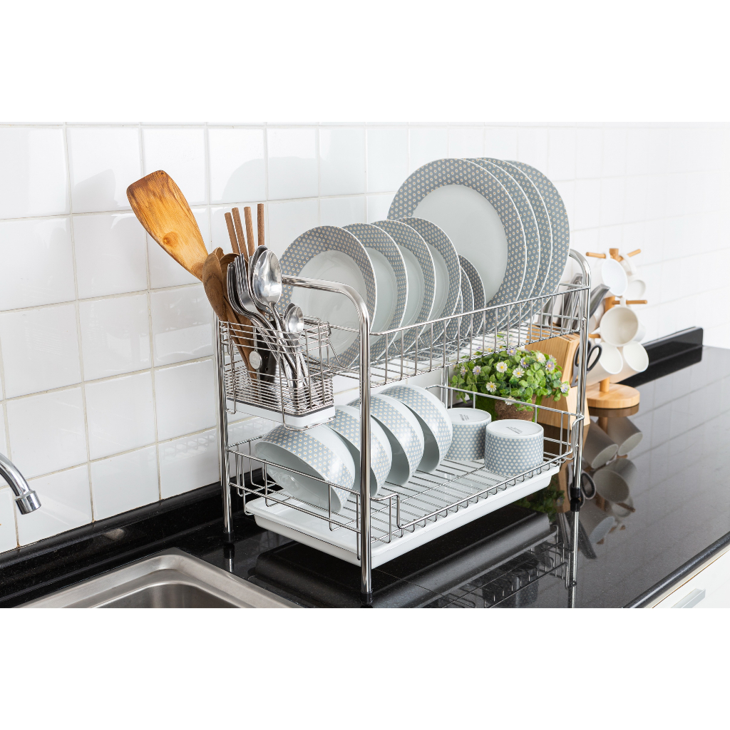 KOWA HOMEWARE S004-K001ชั้่นคว่ำจาน2ชั้นที่คว่ำจานสแตนเลส 304แพคคู่กับที่ใสช้อน มีถาดรองน้ำSUS 304 .