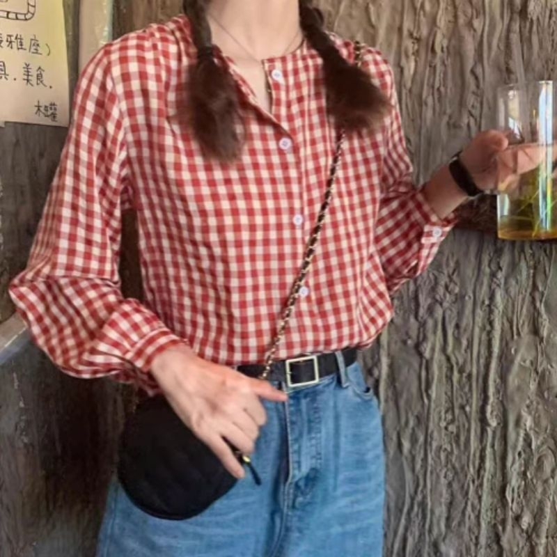 𝗕𝗔𝗕𝗢 𝗦𝗛𝗜𝗥𝗧 - เชิ้ตลายสกอตโทนสีน่ารัก งานกระดุมหน้าแกะได้ เนื้อผ้าเบาใส่สบาย