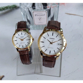 Casio นาฬิกาคู่รัก รุ่น MTP-V004GL-7A ,LTP-V004GL-7A นาฬิกาสายหนังสีน้ำตาล หน้าปัดสีขาว- ของแท้ 100% รับประกันสินค้า 1 ปี