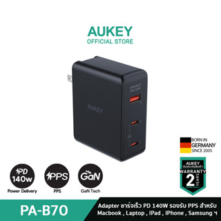 AUKEY PA-B7O Black หัวชาร์จเร็ว 140W Omnia II Mix 3 Port With GaN PD 3.1 Charger Power Tech หัวชาร์จเร็ว iPhone 14/13/12 Series สำหรับ iPhone,Android,Laptop เทคโนโลยี, PD3.1 รุ่น PA-B7O