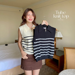 chuuchop_พร้อมส่ง(C8127)🪑🧸📦Tube knit top เสื้อไหมพรมแขนกุดลายทาง มี 2 สี