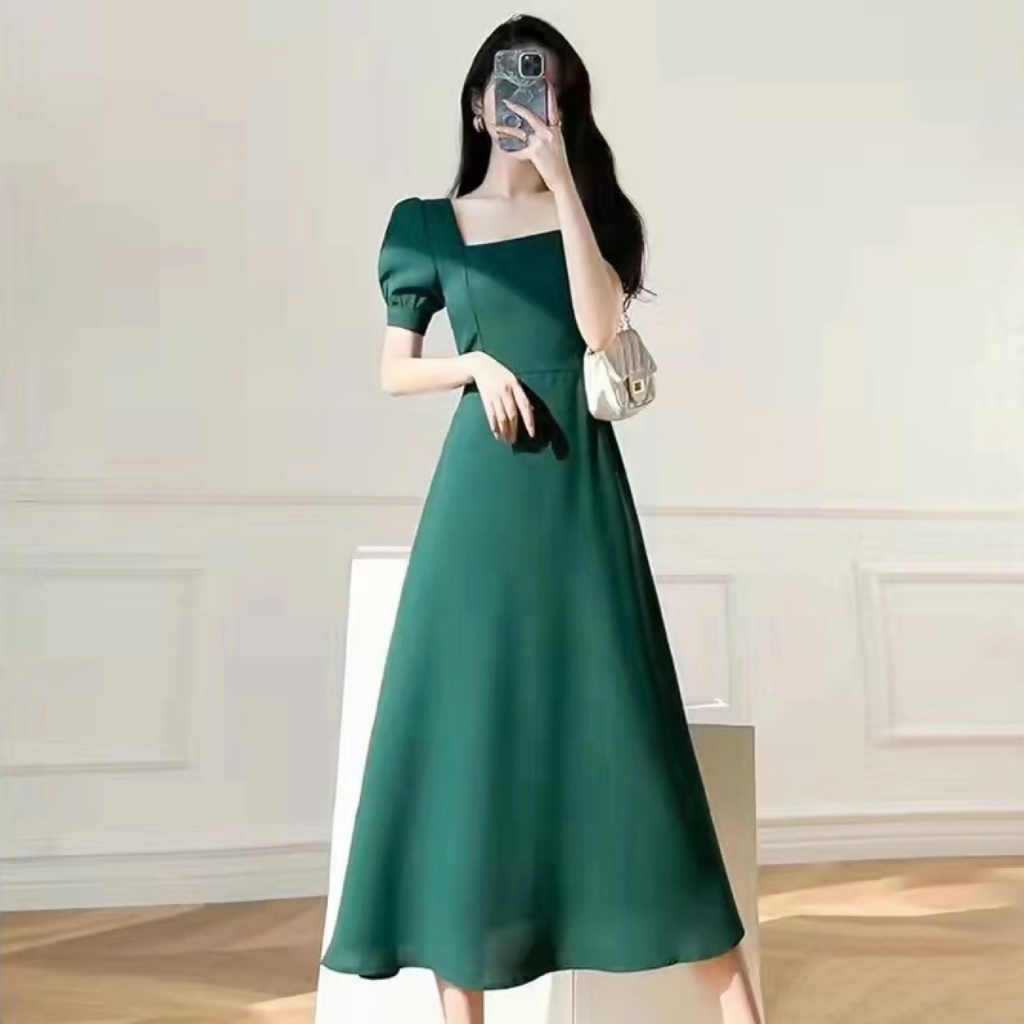 พร้อมส่งไทย ราคาถูก ชุดเดรสยาวมีกระเป๋าข้าง แขนสั้นคอเหลี่ยม 4 สี