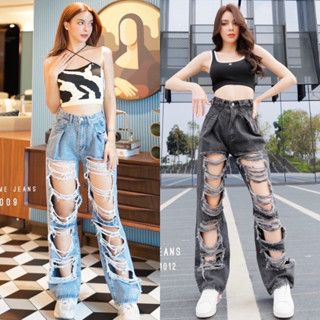 Order Volume jeans กางเกงยีนส์เอวสูงทรงขากระบอกใหญ่แต่งขาดเยอะเซอร์ y2k jeansdede