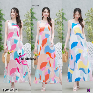 MF14171 New arrival !! Graphics Maxi Dress เดรสยาวสายเดี่ยวลายกราฟฟิกสุดเกร๋ ใส่รับลมร้อนชิวๆ ลายสวยมากกผ้านิ่มพริ้วใส่ส