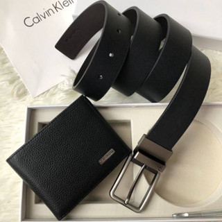 Cal//vin Klein Leather Belt &amp; Wallet Set Setกระเป๋าสตางค์+เข็มขัด   Code:B6D050566 แบรนด์แท้ 100% งาน Outlet