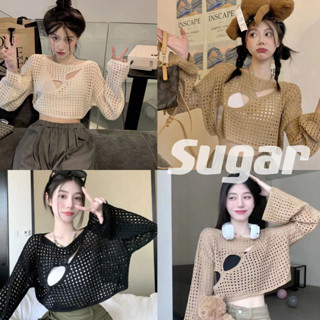 Sugar 🌈พร้อมส่ง🌈เสื้อครอป ผ้าตาข่าย ผ้าฉลุเซ็กซี่ แขนยาวคอกลม เว้าอก(E249)