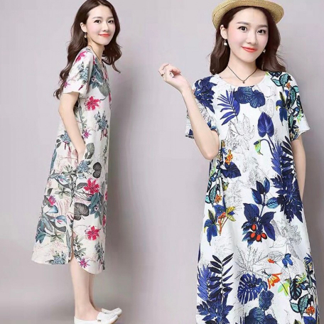 （M-4XL）ชุดเดรสกระโปรงมีกระเป๋าข้างลายสีสันสดใสสวมใส่สบายผ้านุ่มลื่น