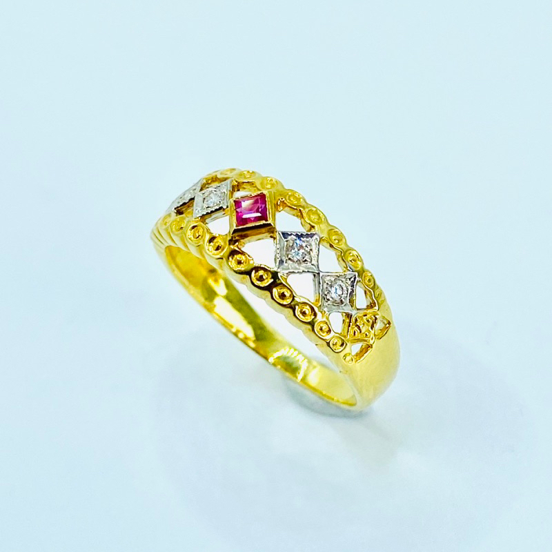 แหวนทอง💫size 51 ; แหวนทอง พลอยทับทิมพม่า เพชรแท้ A9331