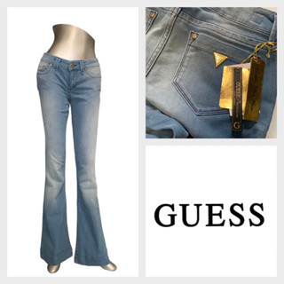 Guess(เกสส์) GS14 กางเกงขายาวผู้หญิง ยีนส์ฟอกซีด เอวต่ำ ขาม้า ป้ายเหล็กสีทอง