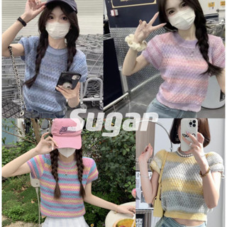 Sugar 🌈พร้อมส่ง🌈เสื้อไหมพรม เสื้อถัก คอกลมแขนสั้น ลายทางไล่สี น่ารักชิคๆ(13101)