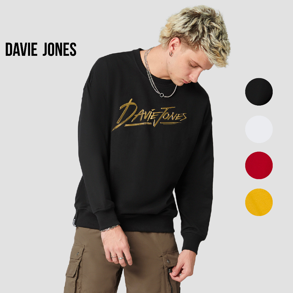 DAVIE JONES เสื้อสเวตเตอร์ Logo Oversized Fit Sweater SW0032 สีดำ ขาว เหลือง แดง