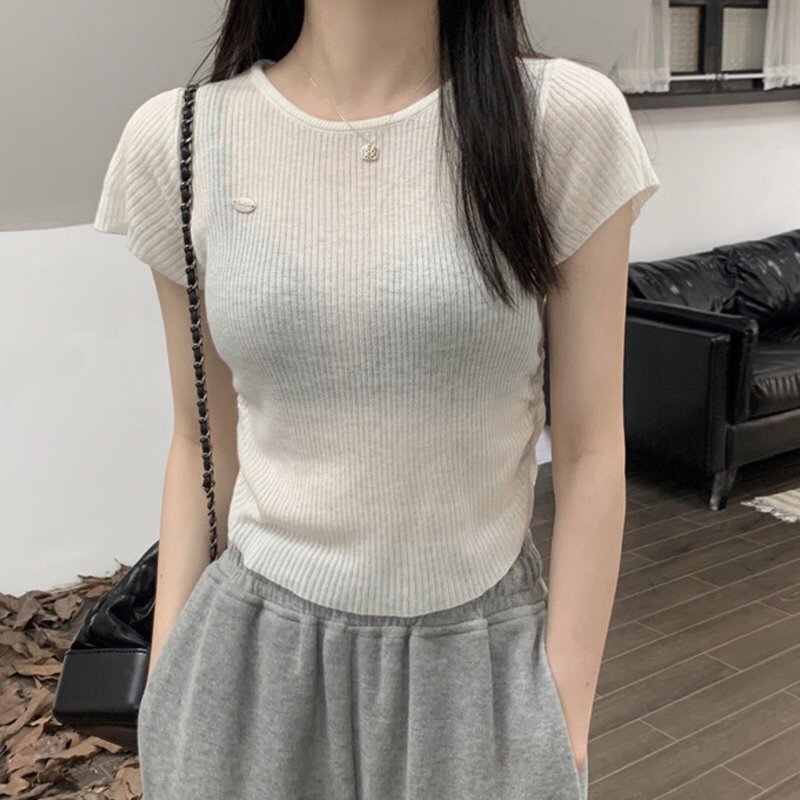 Lady_Sakura M866/AC#เสื้อยืดแฟชั่นคอกลมยางยืดด้านข้าง#เสื้อใหมพรมแขนสั้นทรงเข้ารูป