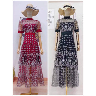เดรสยาวอลังงานปักดอกแน่นๆ สวยอลังเรัยบหรูดูแพงมาก สีแดง/สีดำ Size S-2XL 💕งานป้าย Arabella💕