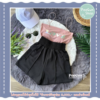 Set2ชิ้น เสื้อครอปสายเดี่ยวสปาเก็ตตี้ ลาย𝐋♥𝐕𝐄 + กางเกงขาสั้น วอร์มขาสั้น ชุดเซ็ต By.PooGun Shop