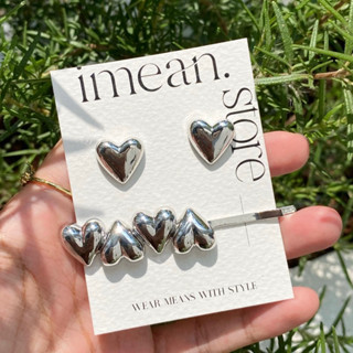 imean.store - Full heart earring &amp; hair clip set | ต่างหู+กิ๊บติดผม รูปหัวใจสีเงิน