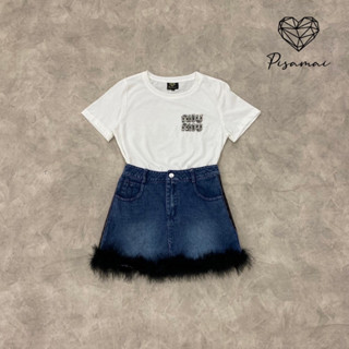 PISAMAI:เซ็ตเสื้อยืดคอกลมสีขาวปักเพชร(*เช็คสต๊อกก่อนกดสั่งน๊า)