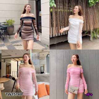 CS15748 เดรสผ้ามุ้งแขนยาวเปิดไหล่ Netted dress, long sleeves, open shoulders