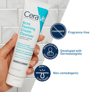 👍พร้อมส่ง, CERAVE ACNE FOAMING CREAM CLEANSER BENZOYL PEROXIDE ACNE TREATMENT 150 ml.