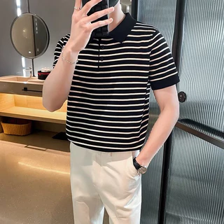 เสื้อโปโลคอปก ลายริ้วกระดุม 3 เม็ด ผ้าหนาไม่บาง สไตล์เกาหลี C41