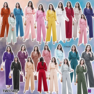 TwinsShopVip💗พร้อมส่ง TW17402 set 2 ชิ้น เสื้อแขนพอง คอปกสูทกระดุมหน้า + กางเกงขายาว