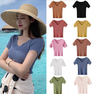 📌hongsuun📌(พร้อมส่ง)12สี🔥 ไหมพรมคอวี 🔥เสื้อยืดคอวีสีพื้น ผ้าไหมพรม Free Size เสื้อยืดผู้หญิง-9966