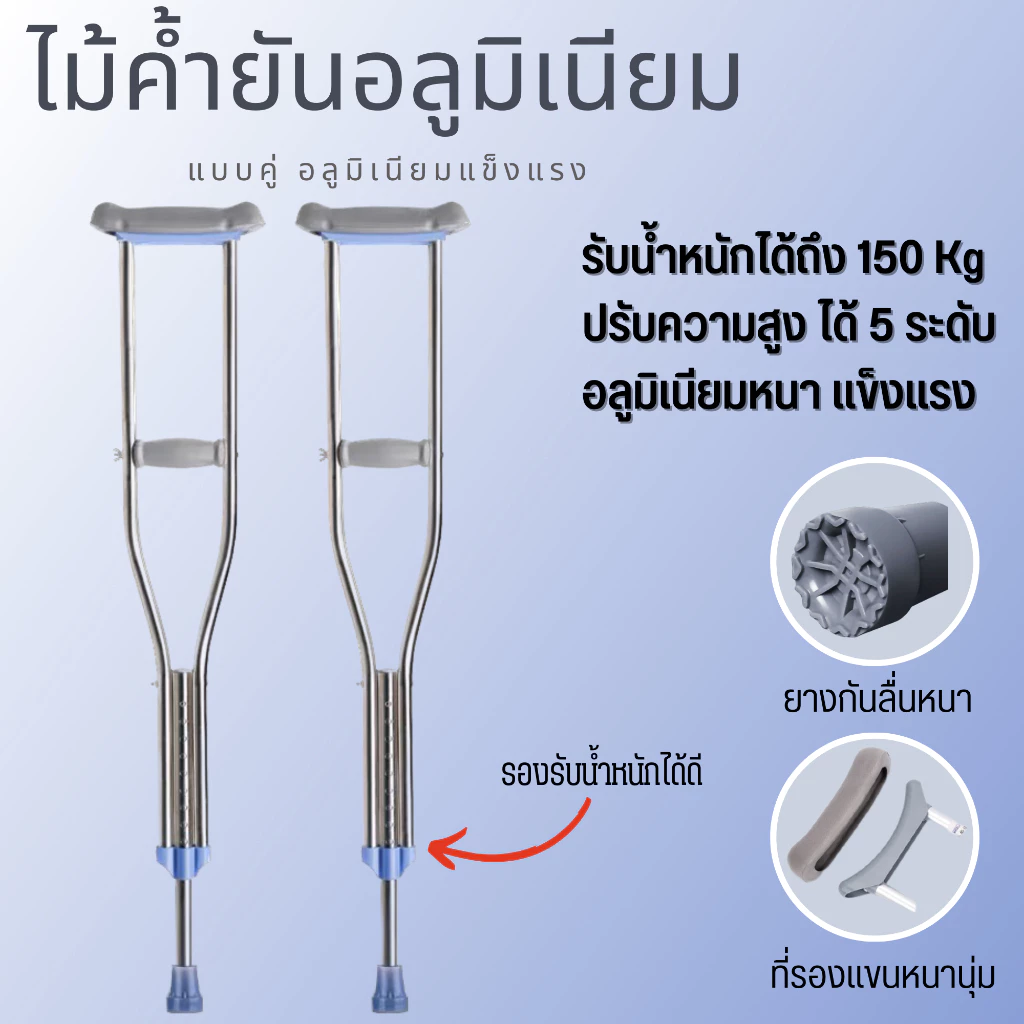 ไม้ค้ำยันอลูมิเนียม 1คู่ ไม้ค้ำผู้สูงอายุ ปรับความสูงได้ 5 ระดับ รับน้ำหนักได้ดี ที่รองรักแร้นุ่ม พร้อมส่ง