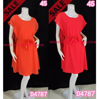 SaLe++ (อก45) D4787 Dressผ้าชีฟองสีพื้น ซับในตัว เอวผูกโบว์ได้ มีส้ม/แดง