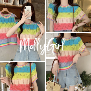 Mollygirl เสื้อสีรุ้ง ไหมพรมผ้ายืด ของใหม่พร้อมส่ง 1973-1#