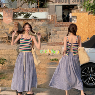 Cicishop(T2178)เสื้อกล้ามผ้าถัก ลายทาง ดีเทลแหวกด้านหลัง
