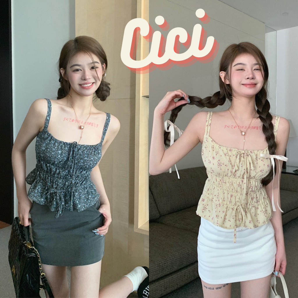 ส่งทันที Cici(NO. J570)สายเดี่ยวลายลูกไม้ ระบายชายเสื้อ ดีเทลเชือกรูดหน้า สไตล์สาวมินิ