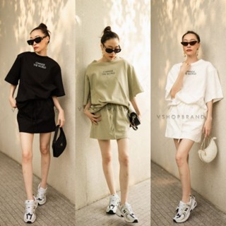 เซตวอร์ม 2 ชื้น เสื้อคอกลมสกรีนลาย+กางเกงขา​สั้น VSHOP