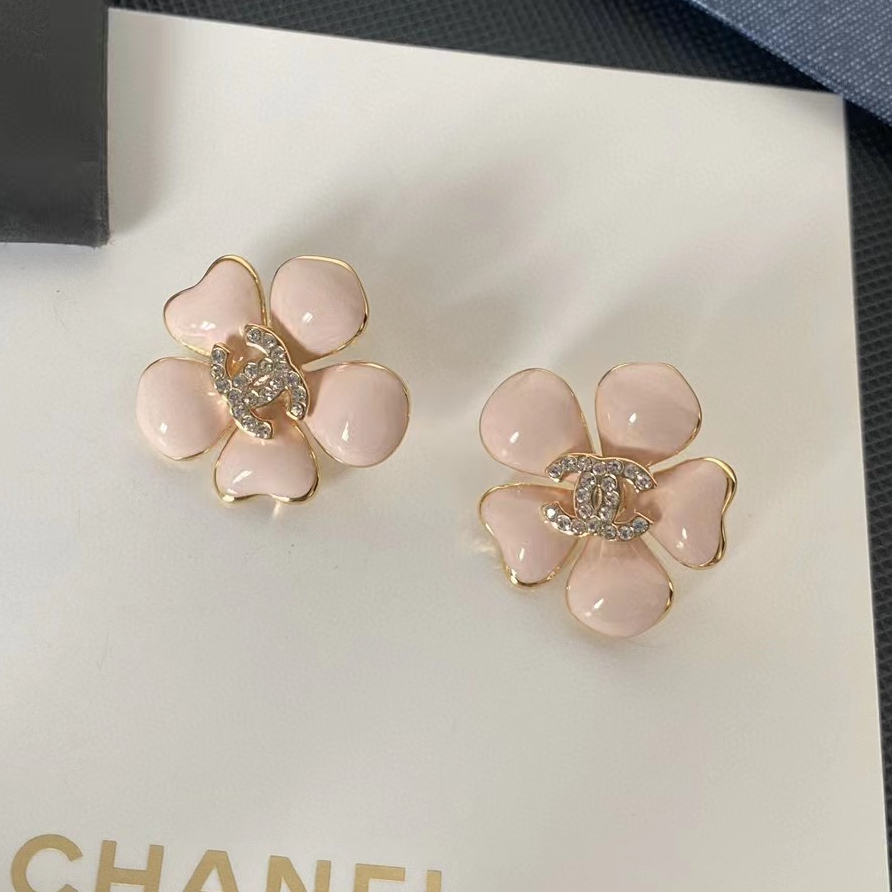 Chanel Pink Camellia Alphabet Stud Earrings