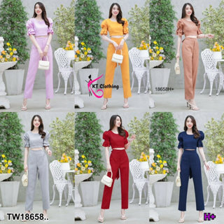 TT18658 set 2 ชิ้น เสื้อแขนตุ๊กตา ทรงครอป + กางเกงขายาว Set of 2 pieces. Cropped doll sleeve shirt + long pants..