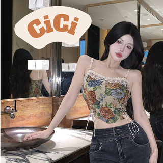 Cici(NO.J580)สายเดี่ยว พิมพ์ลายดอกไม้ สไตล์ยุโรบ แต่งดีเทลลูกไม้ช่วงอก+เชือกผูกช่วงเอว ใส่เป็นเกาะอกได้เก๋ๆ