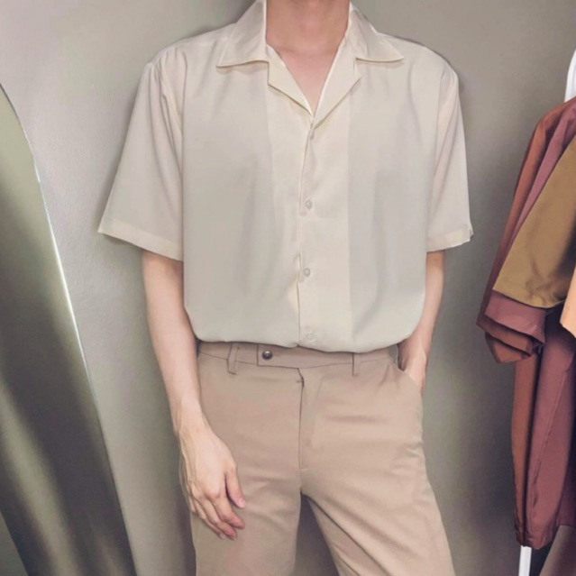 unisex เสื้อเชิ้ตแขนสั้นสีครีม (M - 6XL) ใส่สบายไม่ร้อน