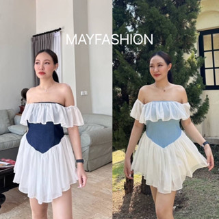 MAYFASHION เดรสสั้นปาดไหล่ ชีฟองแต่งระบายไหล่ ยางยืดรอบไหล่ ซิปหลัง  กระโปรงแต่งระบาย2 ชั้น มีซับใน