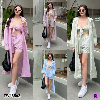 TwinsShopVip💗พร้อมส่ง TW16502 Set 3 ชิ้น เสื้อเชิ้ตยาว + ผ้าผูกอก + กางเกงขาสั้น