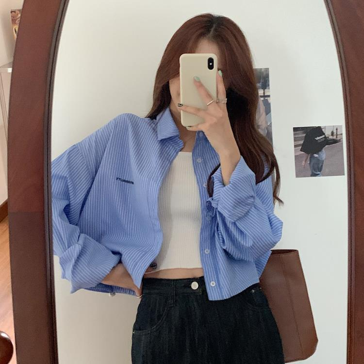 ล้างสต็อก SMD495 เสื้อเชิ้ตลายทางแขนยาวคอปกแขนยาวผู้หญิง oversize เสื้อครอบตัดขาตรงแฟชั่นสตรีทสไตล์เ