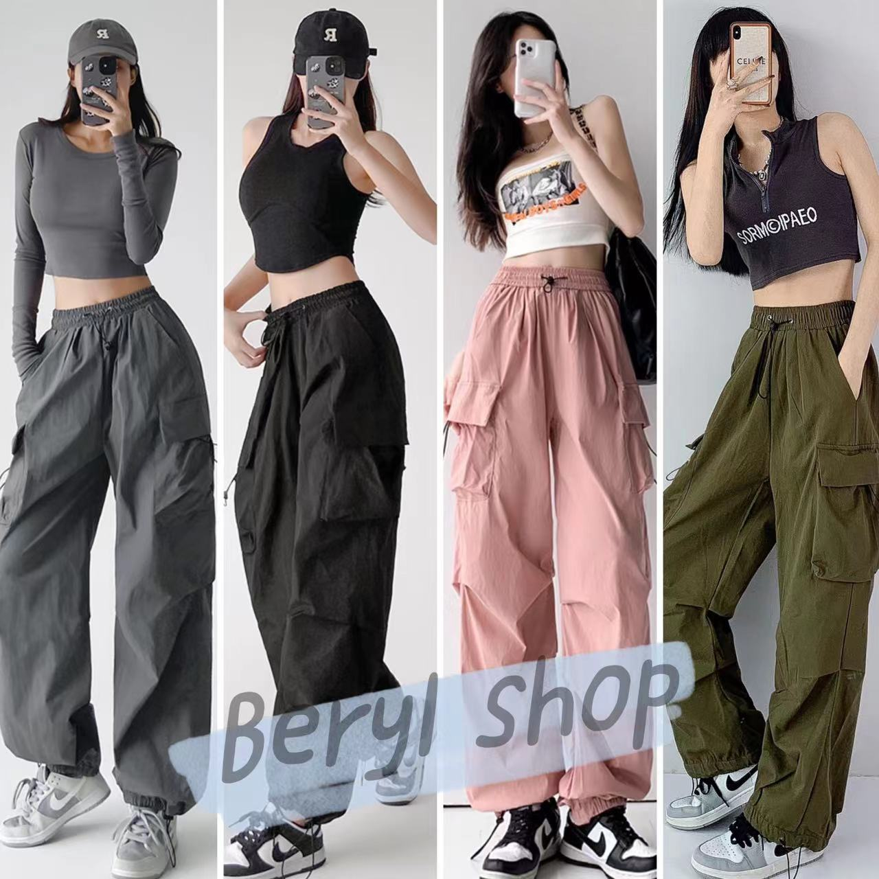 Beryl🌻กางเกงลำลอง🌷สไตล์สตรีทสไตล์อเมริกัน ชุดหลวมสีดำ/เทาของผู้หญิงขาตรง ทรงหลวม กางเกงขากว้างแบบมีเชือกผูก