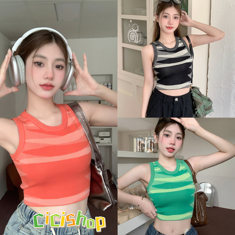 Cicishop(SALE X1545)เสื้อครอปแขนกุด ผ้าถักเนื้อดี สุดฮิต