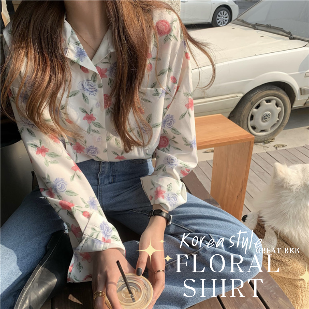 พร้อมส่ง2 สี เสื้อคอปกลายกุหลาบสไตล์เกาหลี เสื้อลายดอก แขนยาว ผู้หญิง เกาหลี สัมผัสเย็น ใส่สบาย