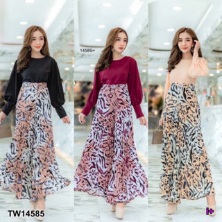 TwinsShopVip💗พร้อมส่ง  TW14585 จั๊มสูทยาวอัดพลีทลายเสือ