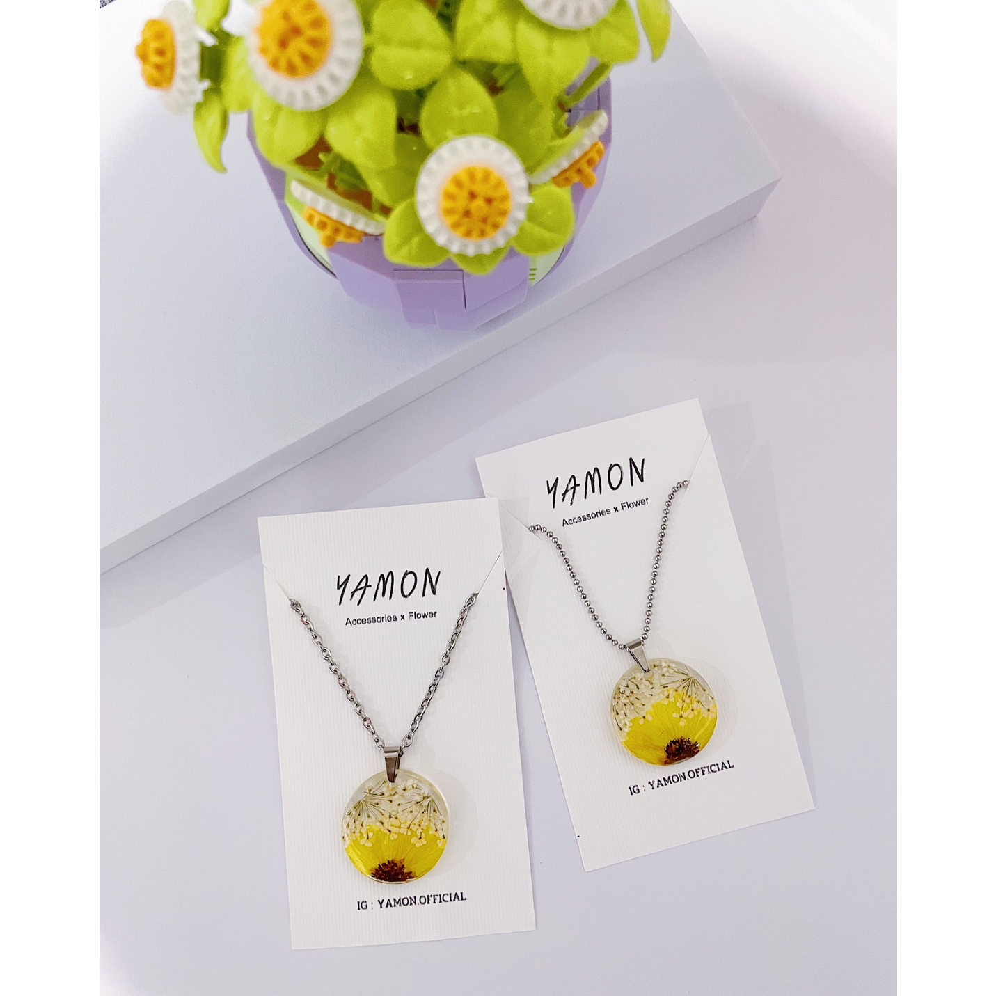 YAMON สร้อยคอดอกทานตะวันและดอกเอมิ มาจัส สร้อยสแตนเลส จี้ดอกไม้จริง