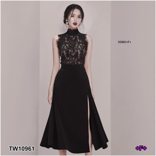 CS10961 Set 2 ชิ้น เสื้อลูกไม้แขนกุด + กระโปรงผ่าชาย Set 2 pieces: sleeveless lace top + slit skirt