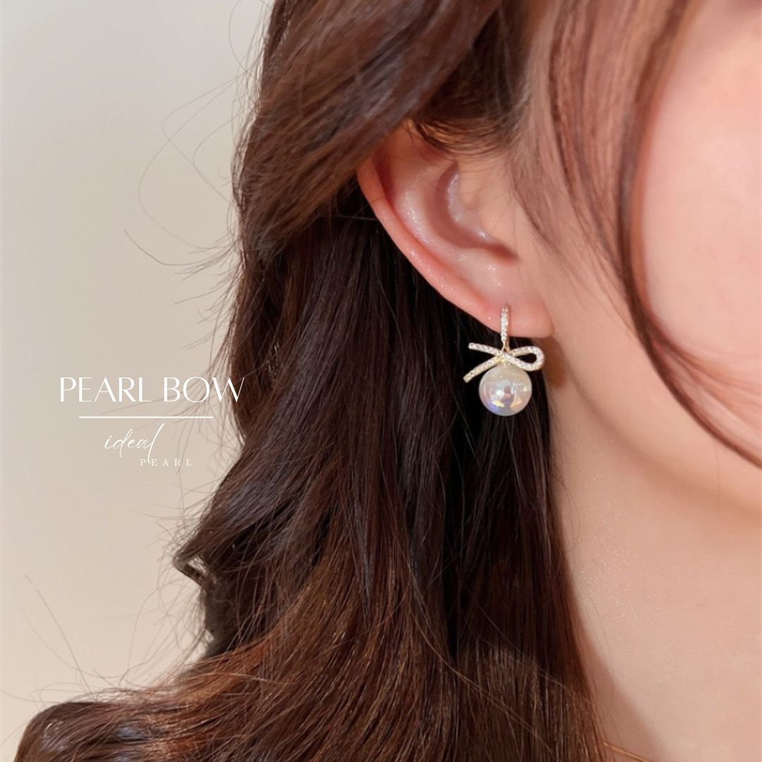 iDEAL ต่างหูมุกยาว Pearl Bows ต่างหูไข่มุก ต่างหูเพชร สวยหรูมีเสน่ Valentine ของขวัญ ต่างหูแฟชั่น