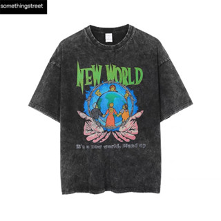 เสื้อยืดผู้ชายโอเวอร์ไซส์ new world เสื้อy2k เสื้อมินิมอล เสื้ออปป้า เกาหลี เสื้อยืดผ้าฟอก