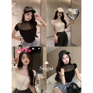 Sugar 🌈พร้อมส่ง🌈เสื้อยืด แขนสั้น เสื้อตาข่าย ผ้าโพลีเอสเตอร์(224)